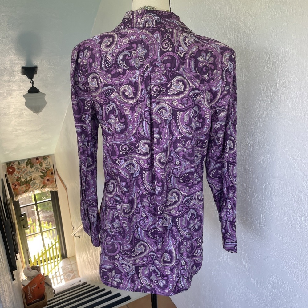 IZOD Lacoste Alligator Purple Paisley Button Up Blouse Shirt Top Size M - Picture 5 of 9